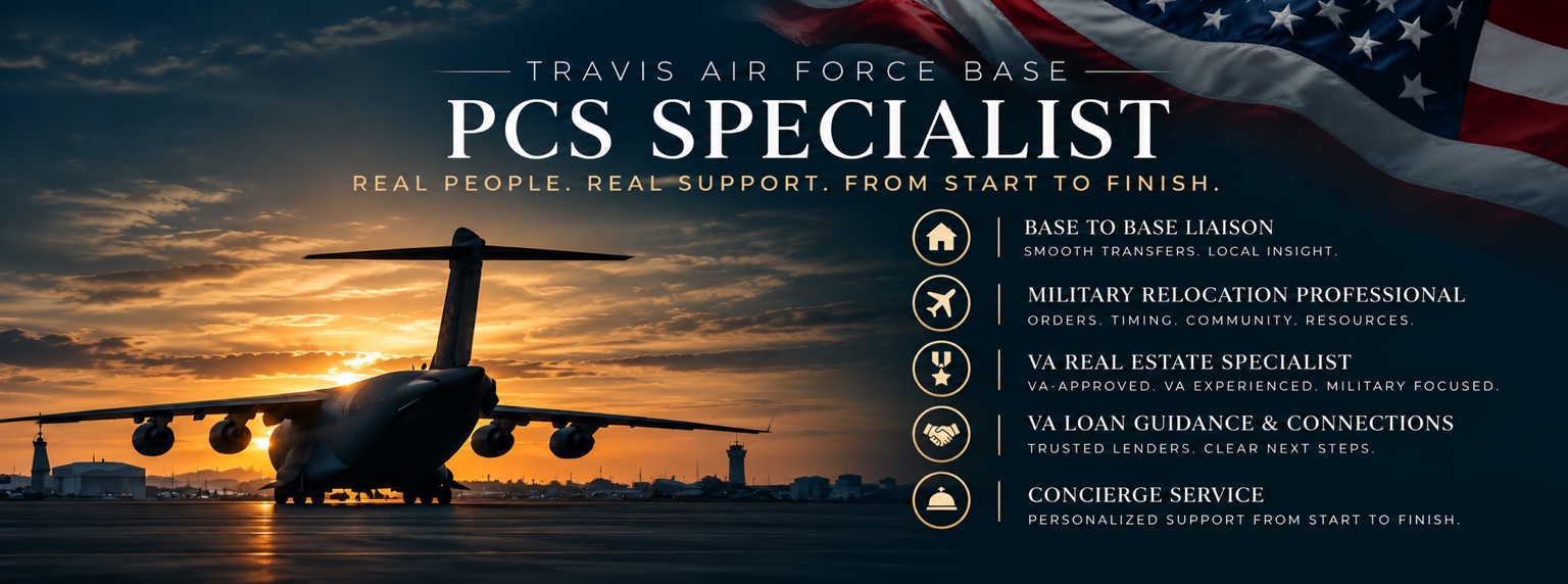 Travis Air Force Base PCS Specialist. Real people. Real support. From start to finish. A military transport aircraft at sunset beneath an American flag. Services include base to base liaison, military relocation, VA real estate guidance, lender connections and personalized support.